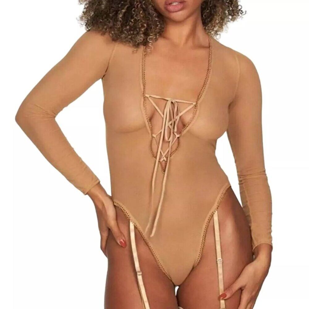 Frederick's of Hollywood Lola Lee Mesh Long Sleeve Sheer Teddy Latte M NWT